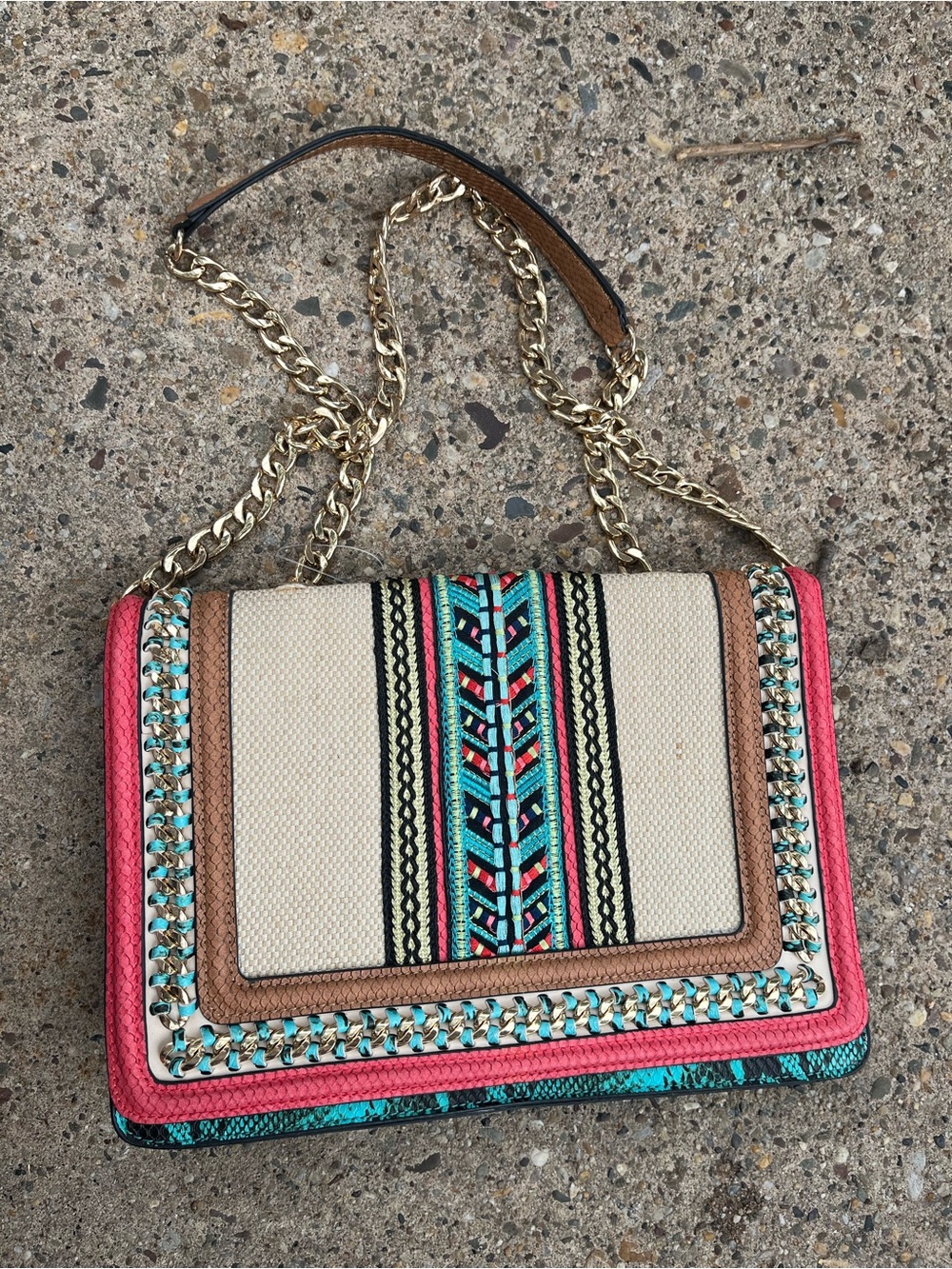 Aldo Tura Cream Canvas Crossbody with Turquoise & Coral Accents